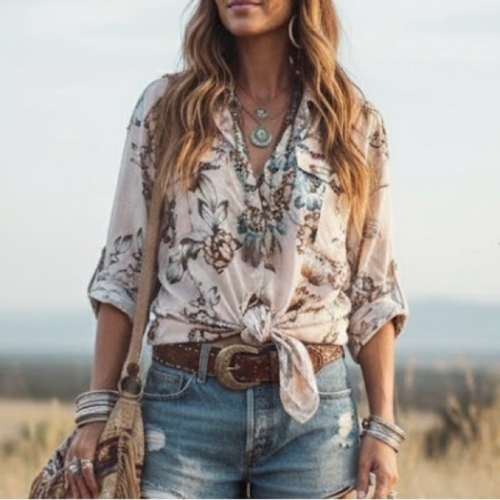 Ralph Lauren Floral Button Down Pink Sage Shirt Blouse Cottagecore Boho Western